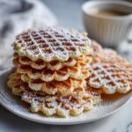 A tall stack of golden brown pizzelle cookies dusted heavily with powdered sugar, served on a white plate.