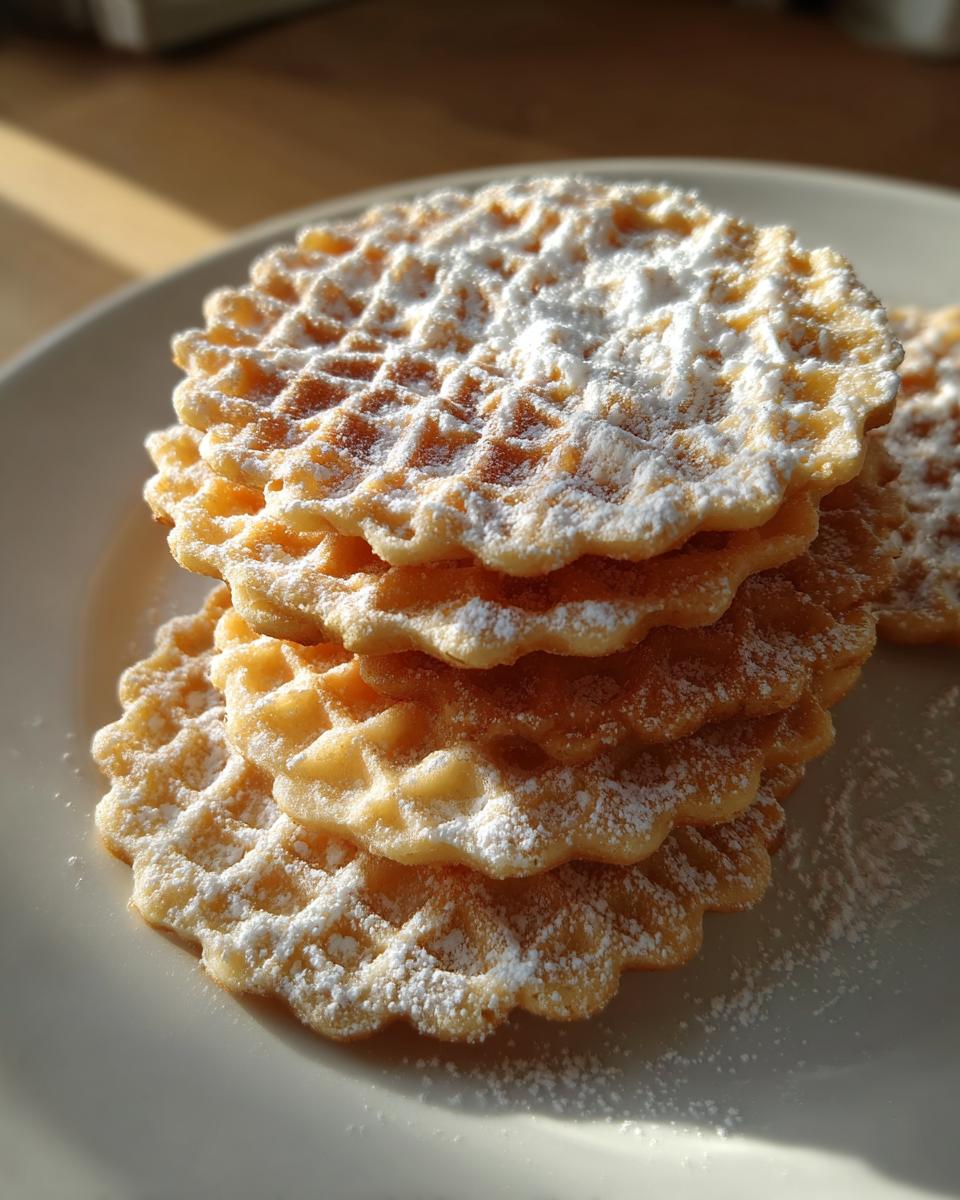 A stack of golden brown pizzelle cookies dusted generously with white powdered sugar, sitting on a white plate.