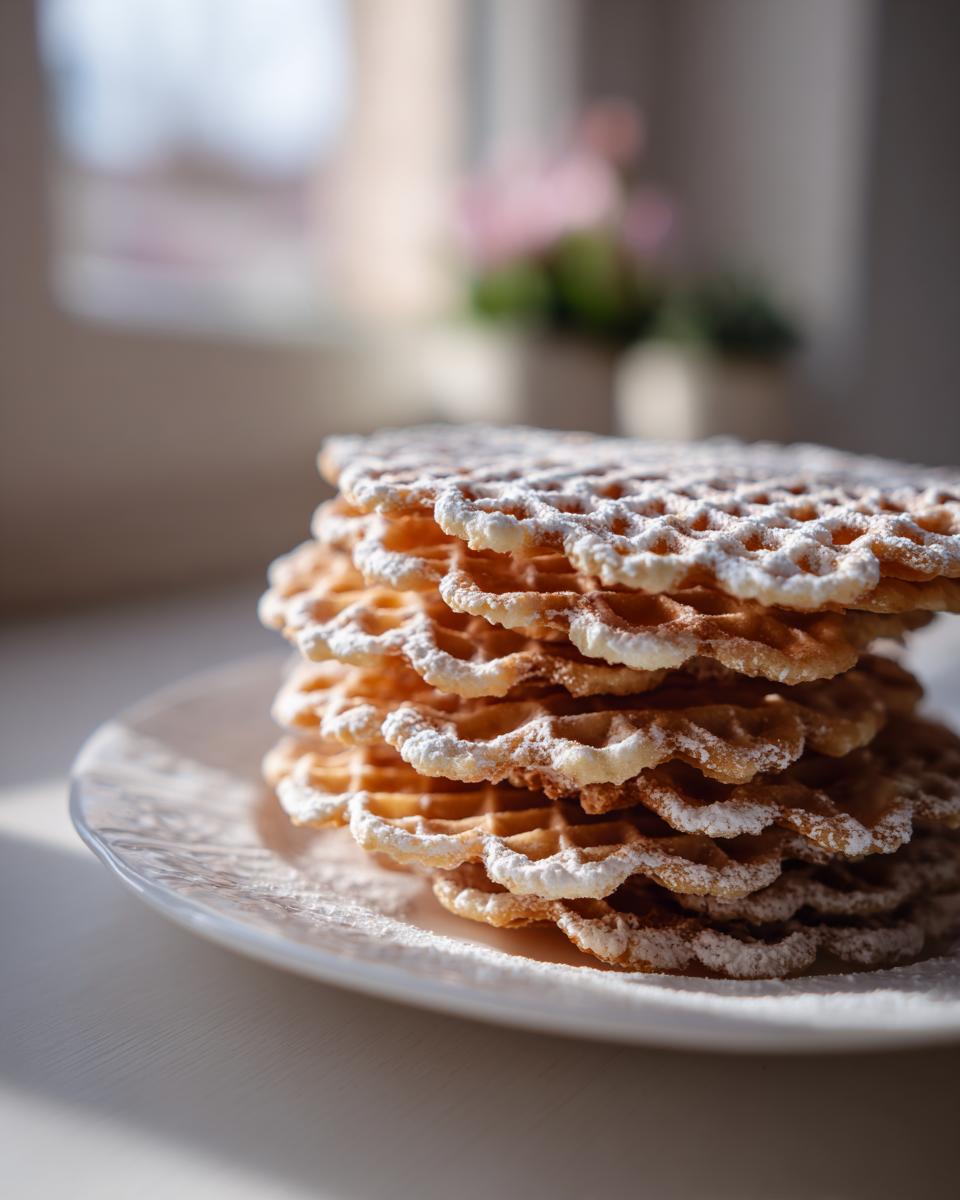 A stack of golden brown pizzelle cookies dusted heavily with powdered sugar, resting on a white plate.