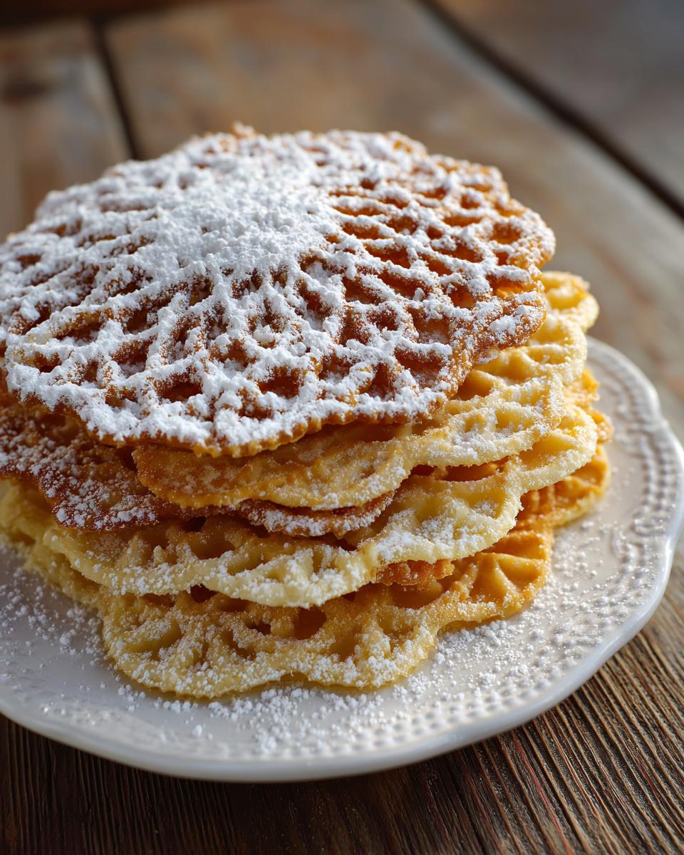 A tall stack of golden brown pizzelle cookies dusted heavily with powdered sugar, served on a white plate.