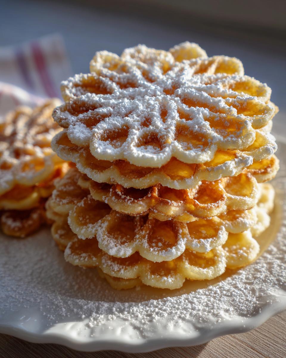 A tall stack of golden, flower-shaped pizzelle cookies dusted heavily with powdered sugar.