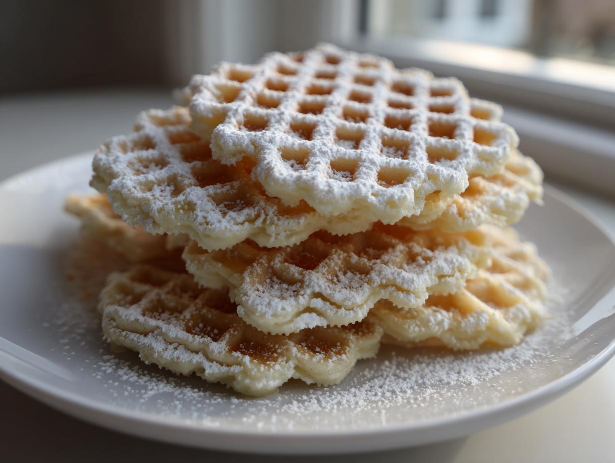 A close-up stack of freshly made pizzelle cookies dusted heavily with powdered sugar, sitting on a white plate.