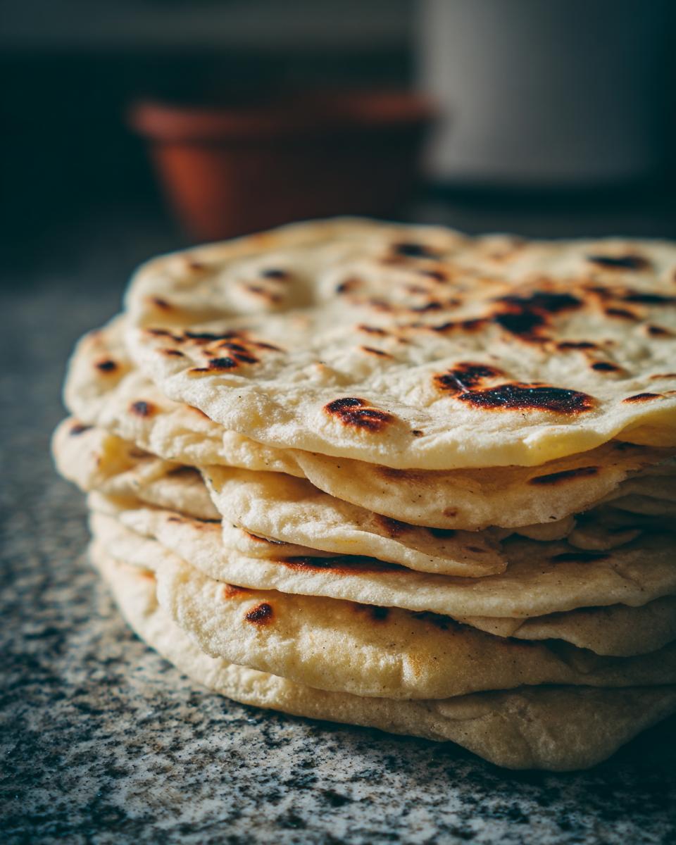 Close-up of a stack of freshly made, soft corn tortillas showing light char marks from cooking.