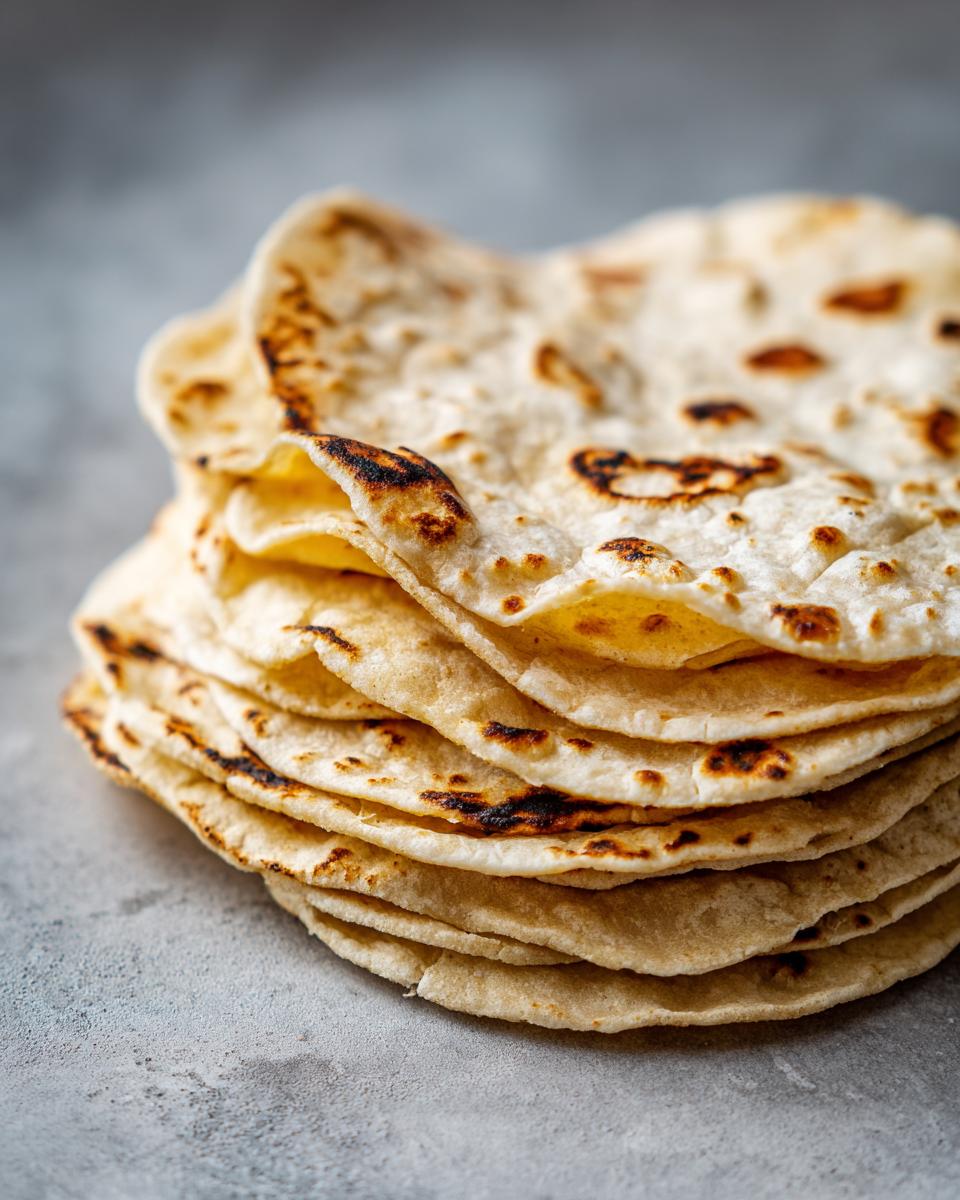 A close-up stack of freshly made, soft corn tortillas showing light char marks on a grey background.