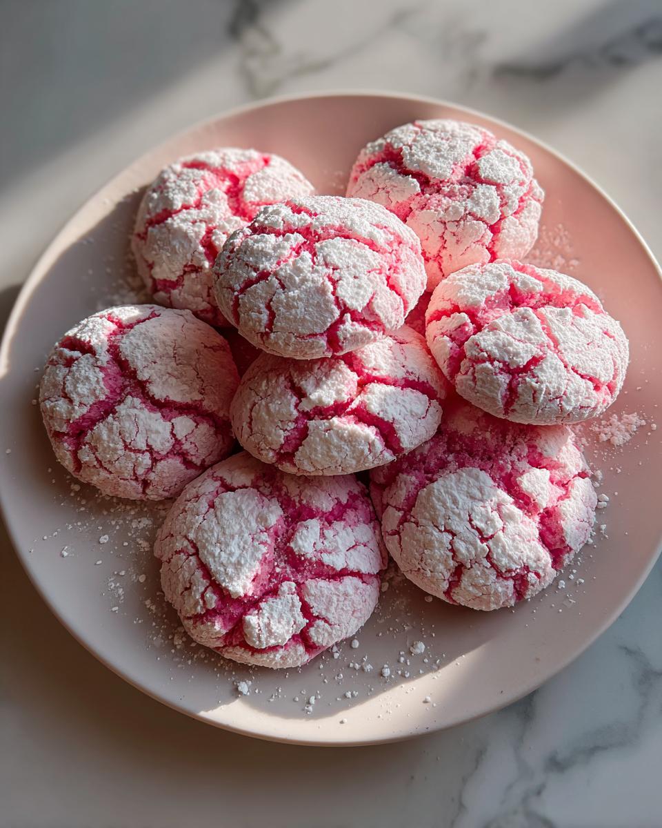 A pile of bright pink, crinkle-coated strawberry cake mix cookies dusted heavily with powdered sugar.