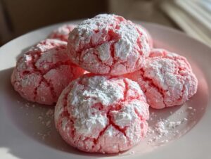 A close-up of several pink, crinkle-top strawberry cake mix cookies heavily dusted with white powdered sugar on a light plate.