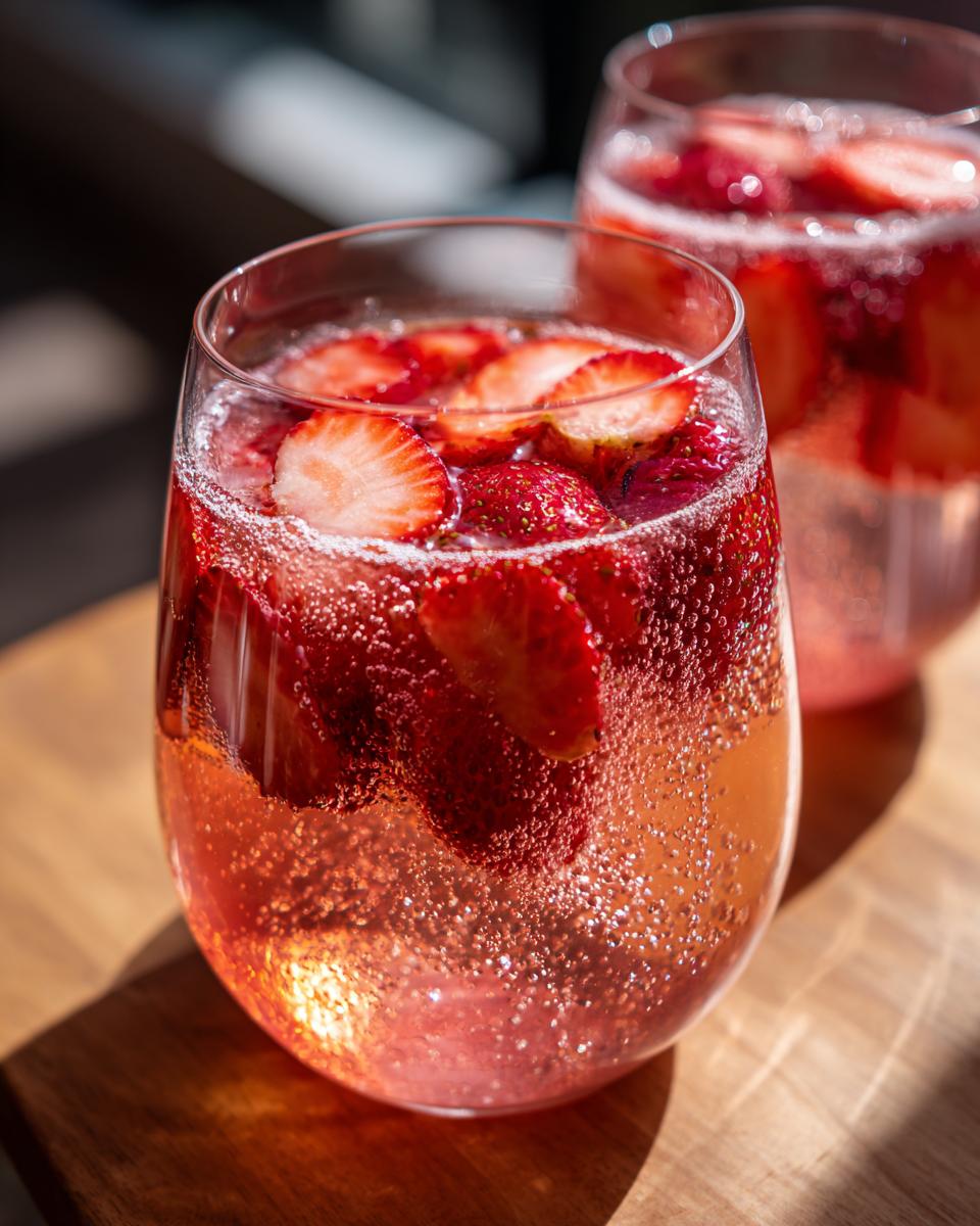 Close-up of a bubbly glass filled with pink champagne punch and fresh sliced strawberries.