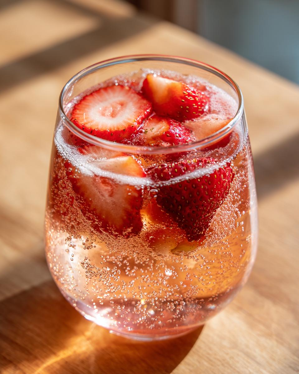 Close-up of a glass filled with bubbly pink champagne punch and fresh sliced strawberries.