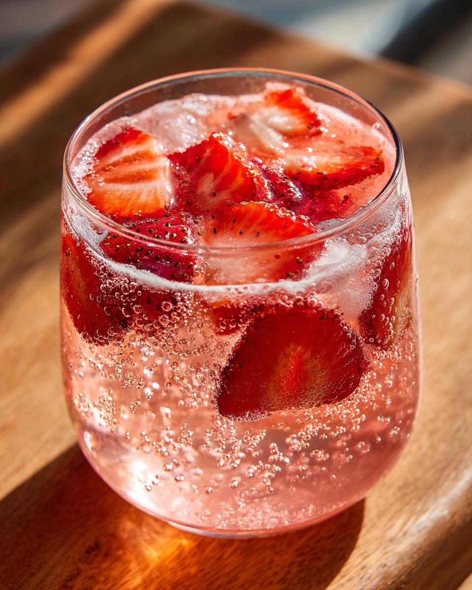 Close-up of a glass filled with bubbly pink champagne punch garnished with fresh strawberry slices.