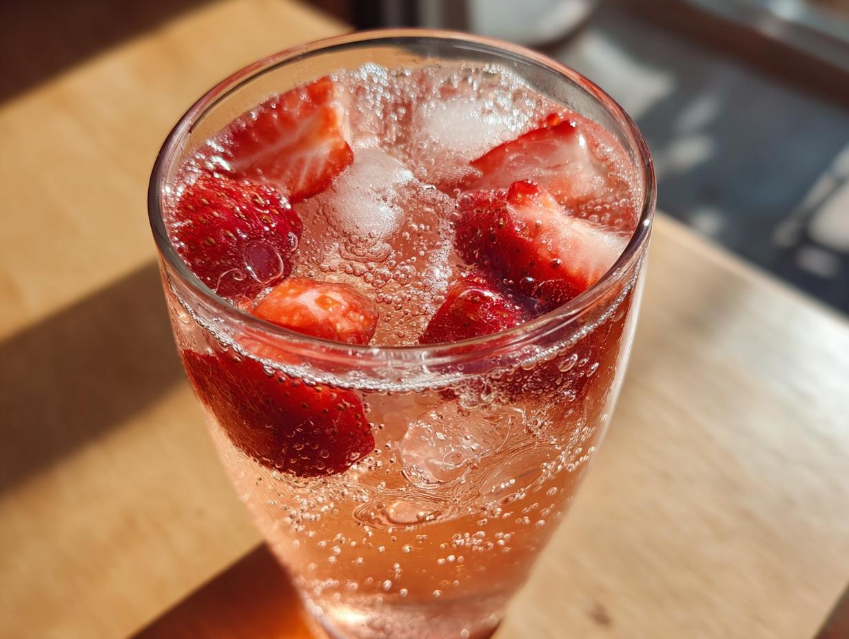 Close-up of a tall glass filled with bubbly champagne punch, ice cubes, and fresh strawberry slices.