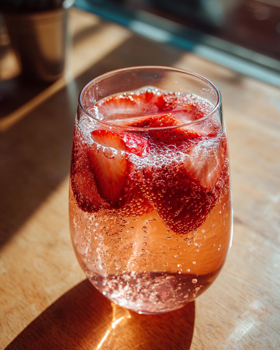 Close-up of a glass filled with bubbly champagne punch featuring sliced strawberries.