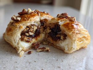 Cross-section of baked brie wrapped in puff pastry, showing melted cheese, jam, and pecans.