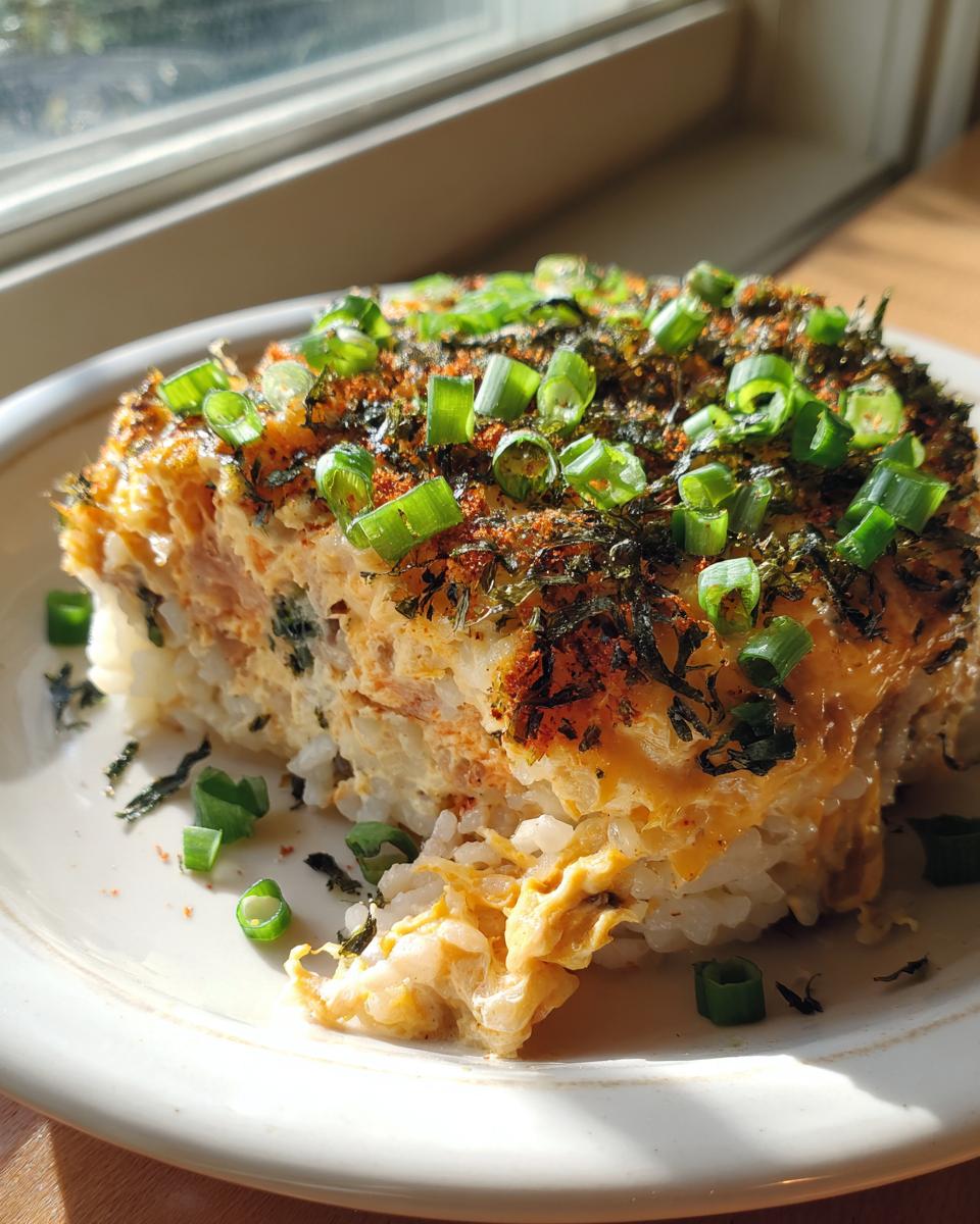 A close-up serving of baked sushi on a white plate, featuring a creamy topping and garnished with chopped green onions.