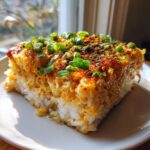 A square slice of baked sushi on a white plate, featuring a thick rice base and creamy topping sprinkled with furikake and green onions.