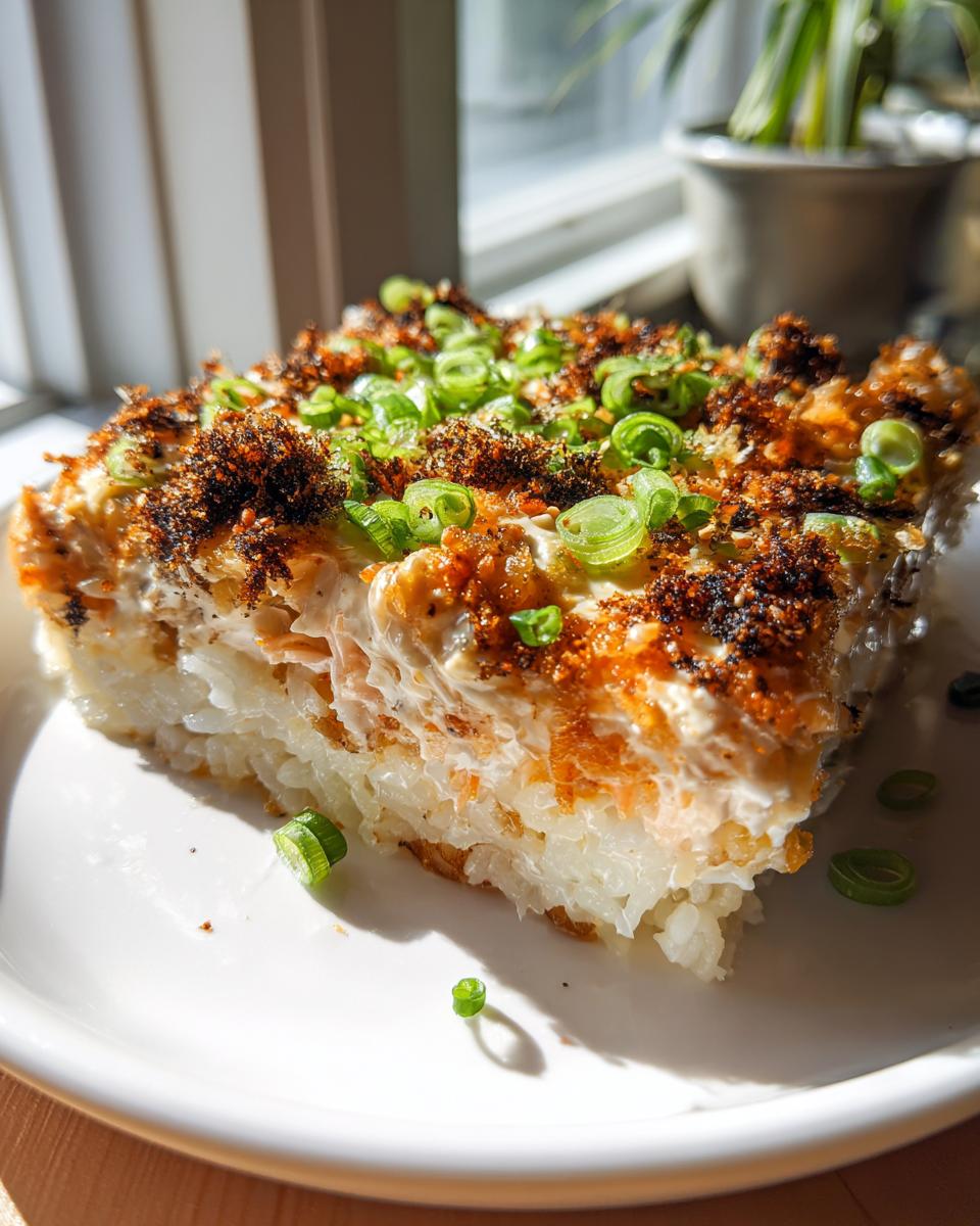 A square serving of baked sushi bake with a creamy topping, crispy brown bits, and fresh green onions.