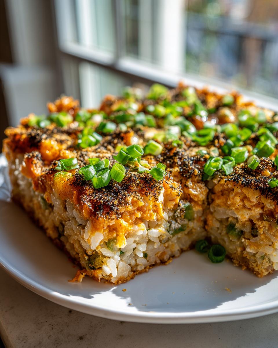 A close-up view of a freshly baked sushi bake cut into squares, topped with a savory crust and fresh green onions.