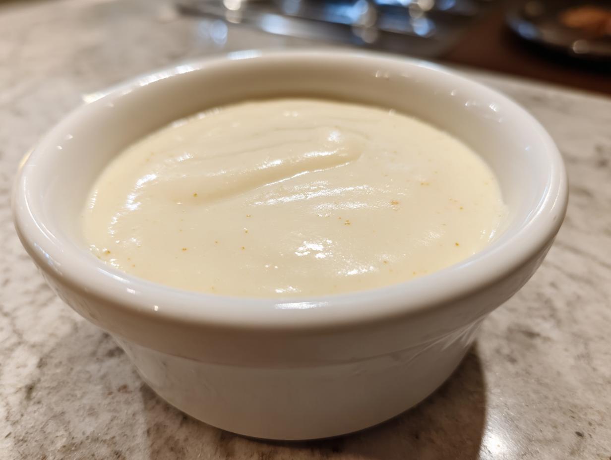 Close-up of thick, creamy homemade cream of chicken soup served in a small white ramekin.