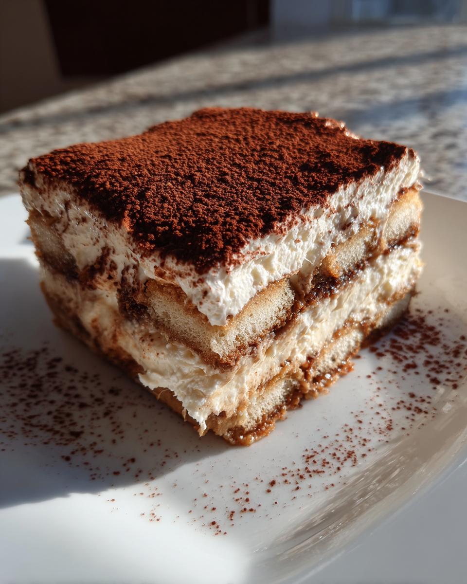 A decadent slice of tiramisu recipe showing layers of ladyfingers, mascarpone cream, and a heavy dusting of cocoa powder.