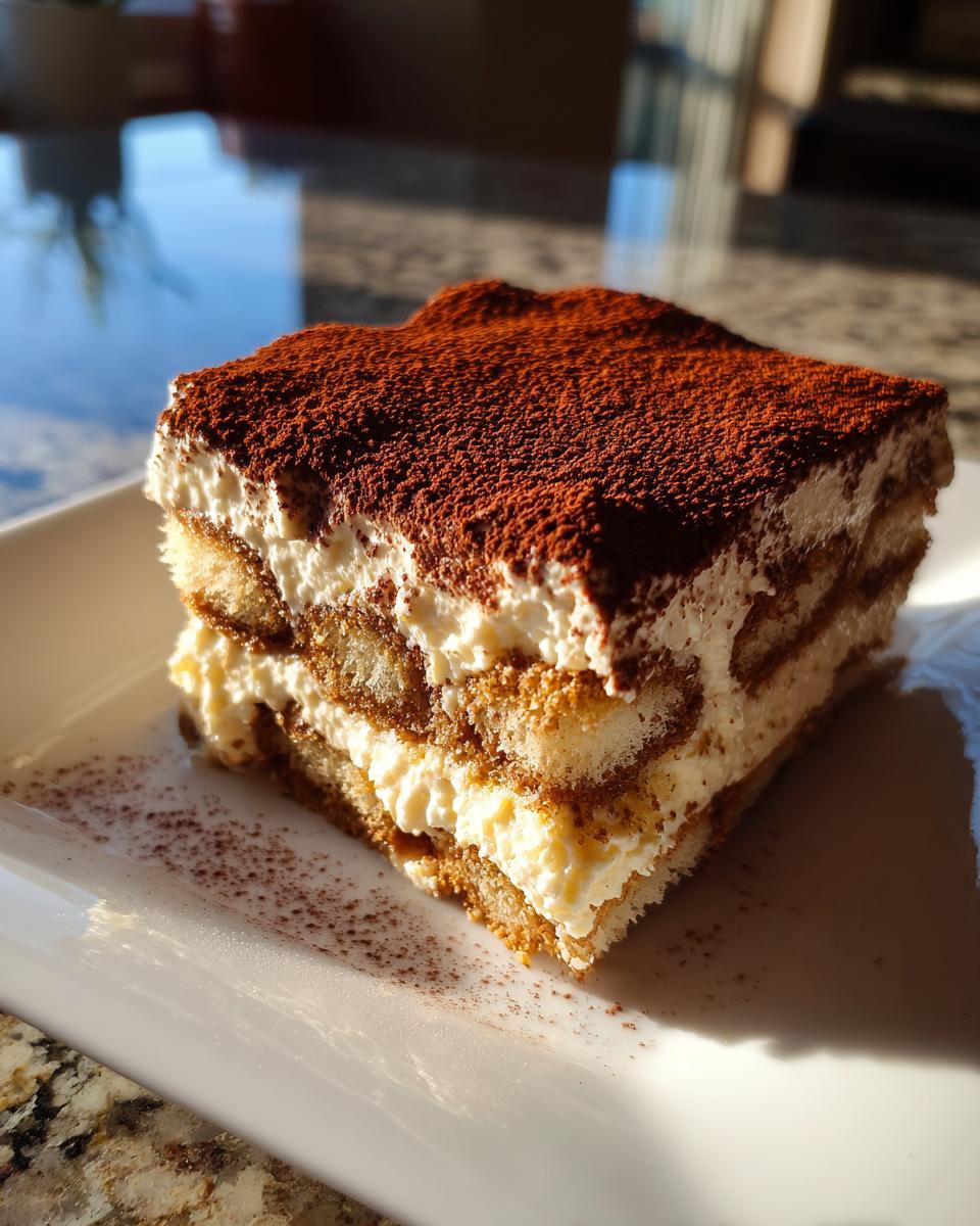 A decadent square slice of tiramisu recipe dessert layered with cream and ladyfingers, dusted heavily with cocoa powder.
