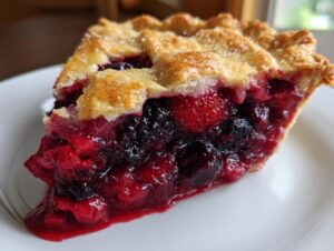 Close-up of a juicy slice of triple berry pie showing a thick filling and sugared lattice crust.