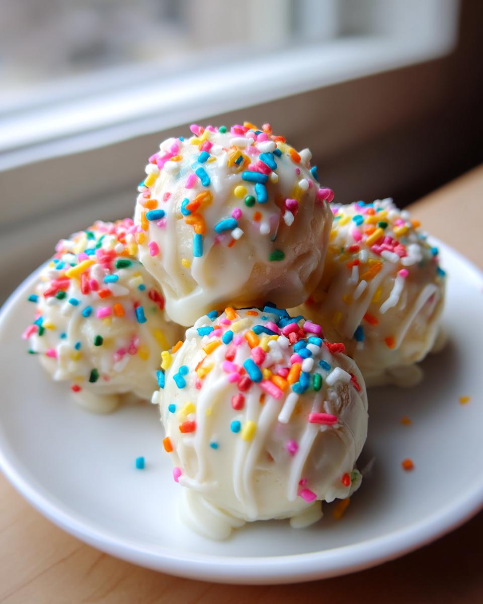 Four white chocolate coated sugar cookie truffles topped with colorful sprinkles on a white plate.