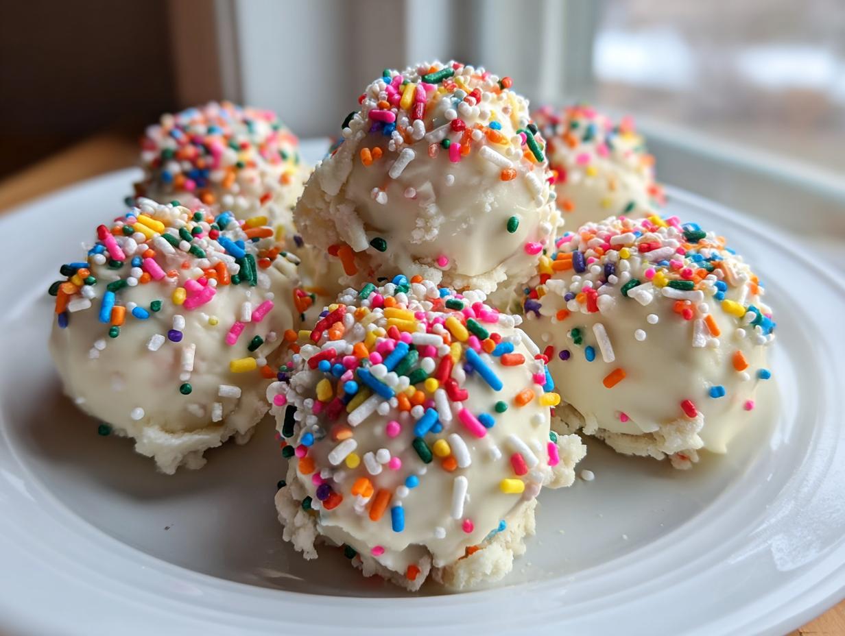 Close-up of several white chocolate-covered sugar cookie truffles topped with colorful rainbow sprinkles.