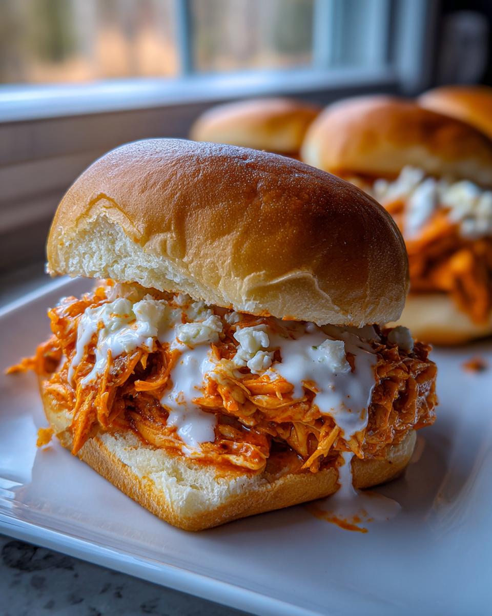 A close-up of one of the delicious buffalo chicken sliders, topped with blue cheese dressing and crumbles.