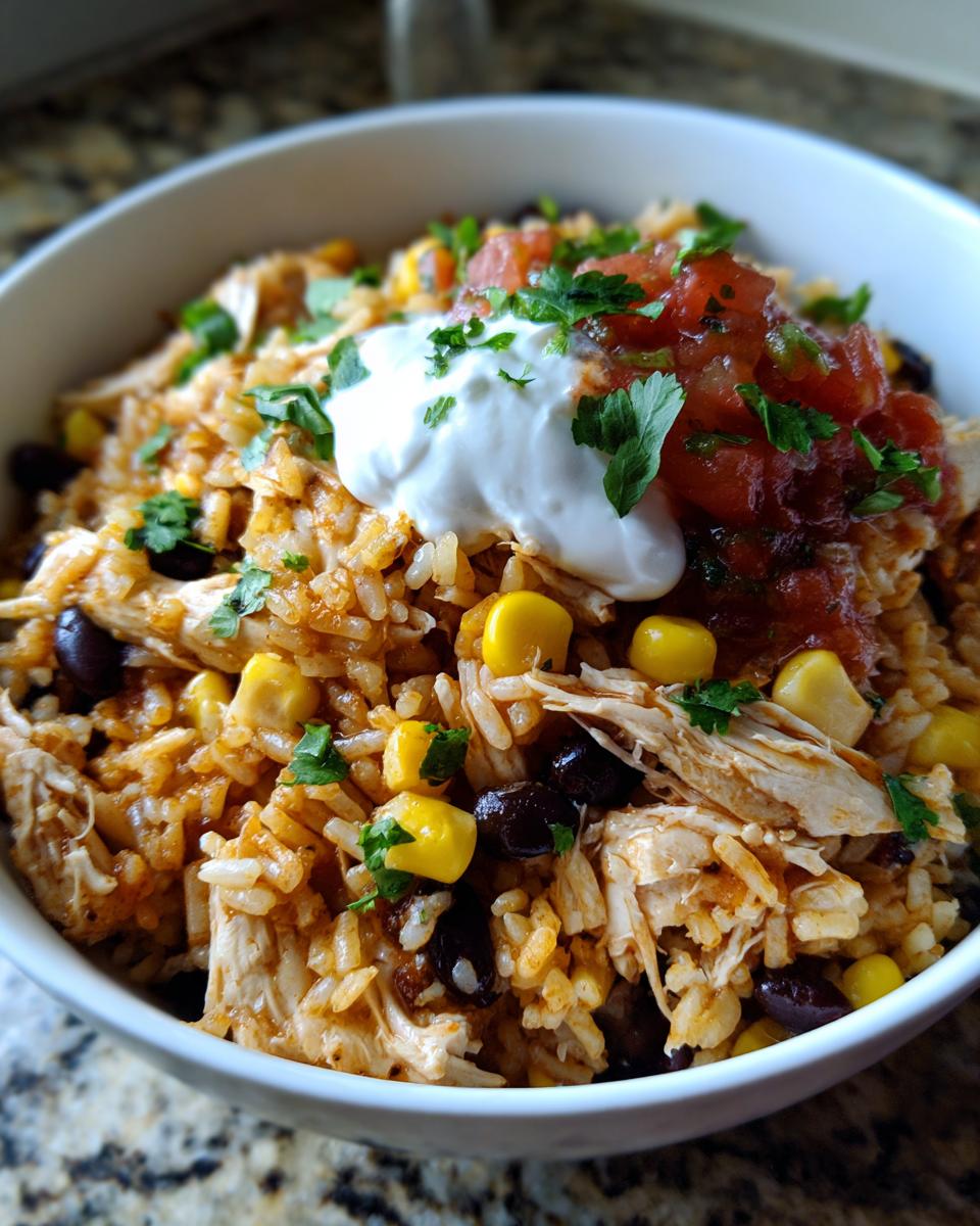 A close-up of a white bowl filled with a flavorful chicken burrito bowl, featuring seasoned rice, shredded chicken, corn, and black beans.
