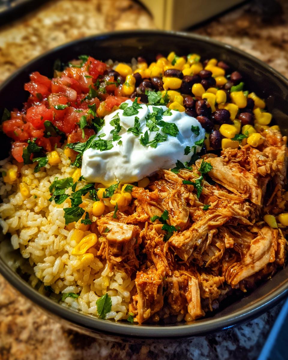 A vibrant chicken burrito bowl featuring shredded chicken, rice, corn, black beans, salsa, and sour cream.