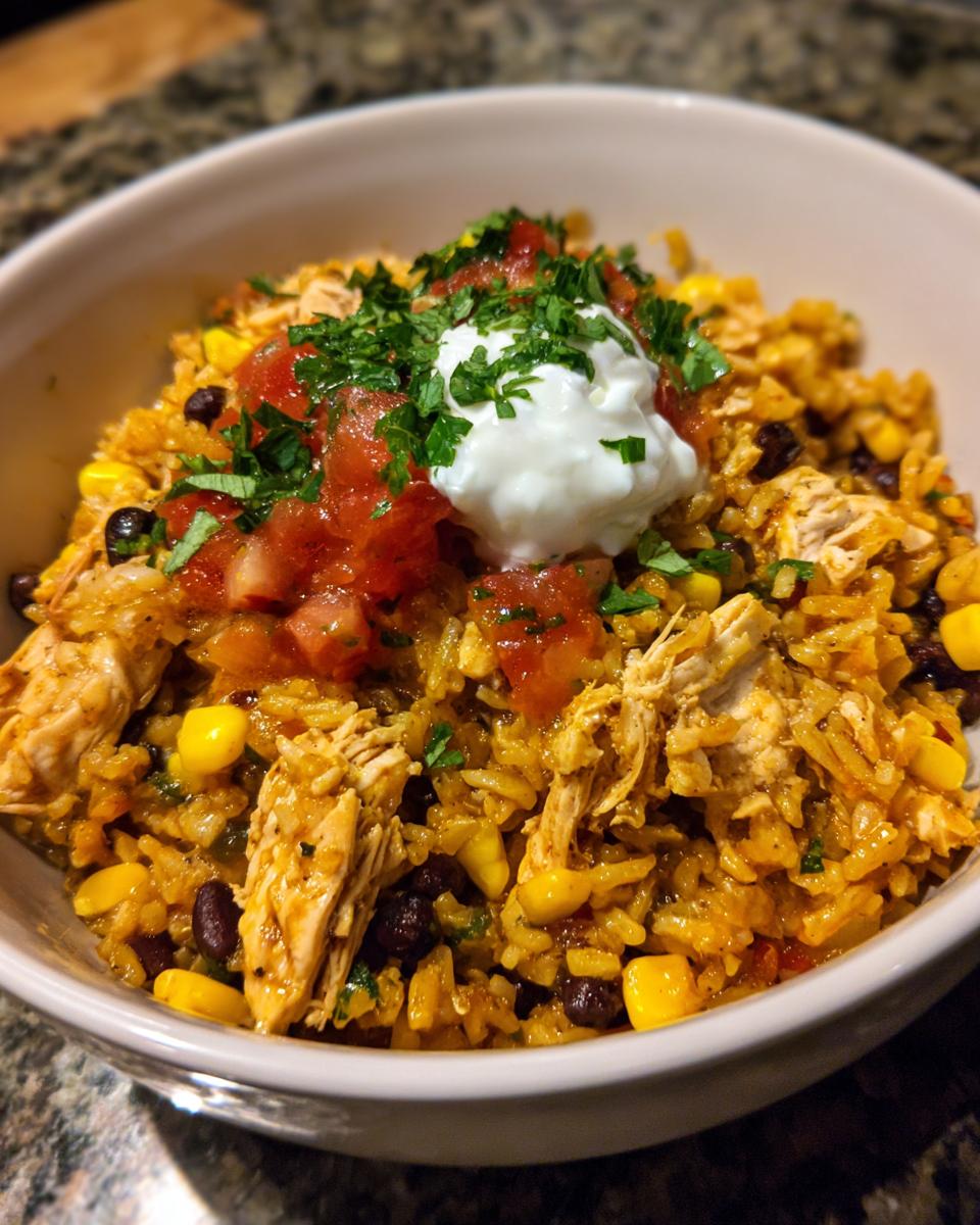 Close-up of a delicious chicken burrito bowl featuring seasoned rice, shredded chicken, corn, black beans, salsa, and sour cream.