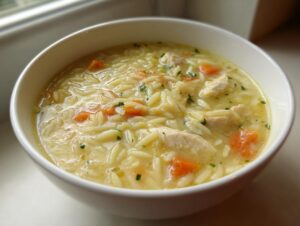 A close-up view of a hearty bowl of amazing chicken orzo soup featuring shredded chicken, carrots, and herbs in a creamy broth.