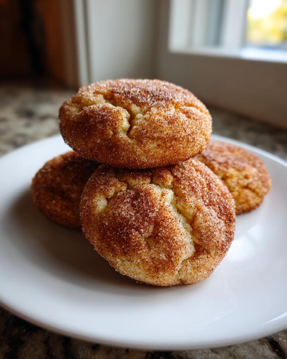 A stack of four soft, thick churro cookies coated in cinnamon sugar resting on a white plate.