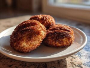 Three freshly baked churro cookies heavily coated in cinnamon sugar resting on a small white plate.