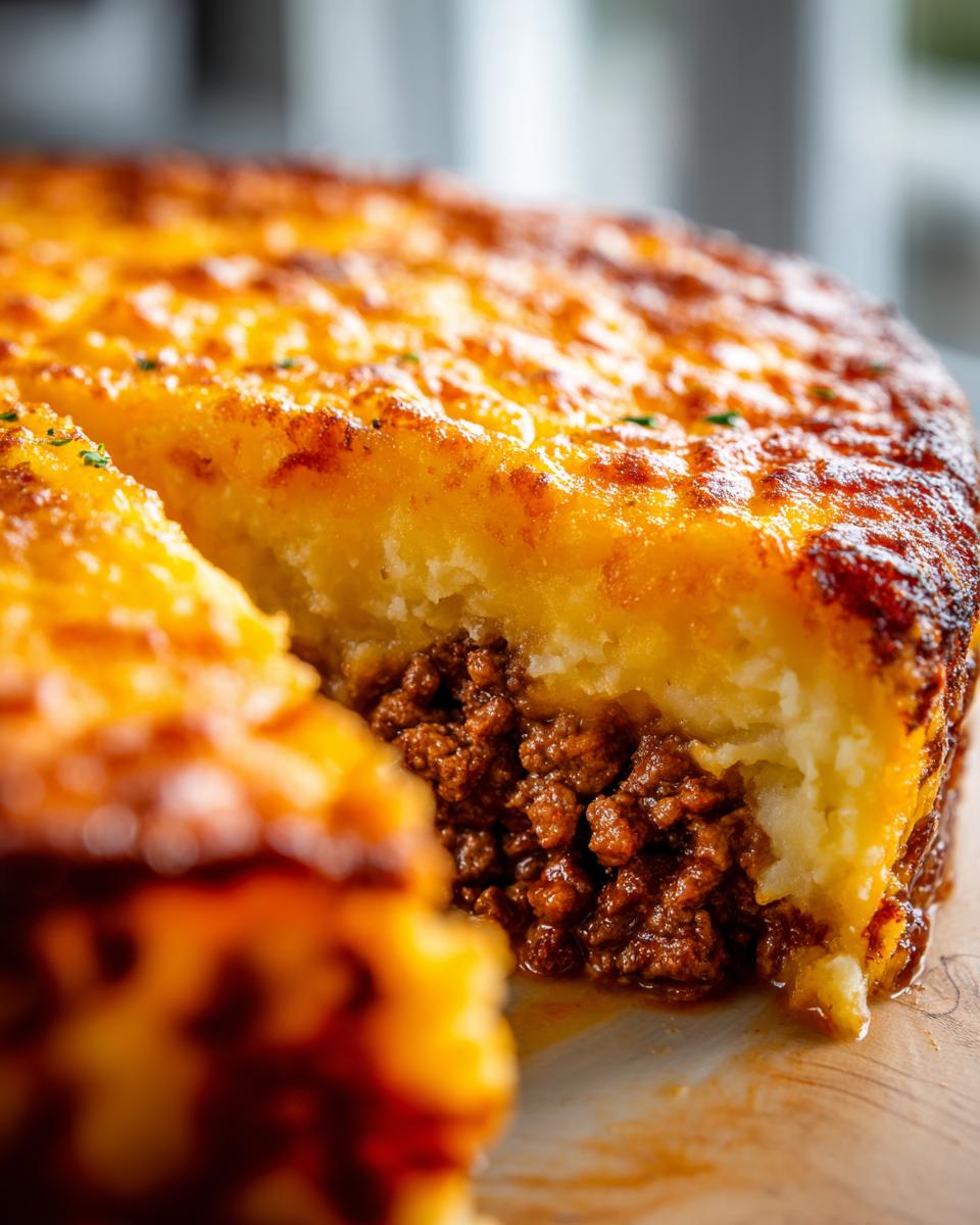 A cross-section view of a perfectly baked cottage pie recipe showing rich meat filling under a golden, cheesy mashed potato topping.