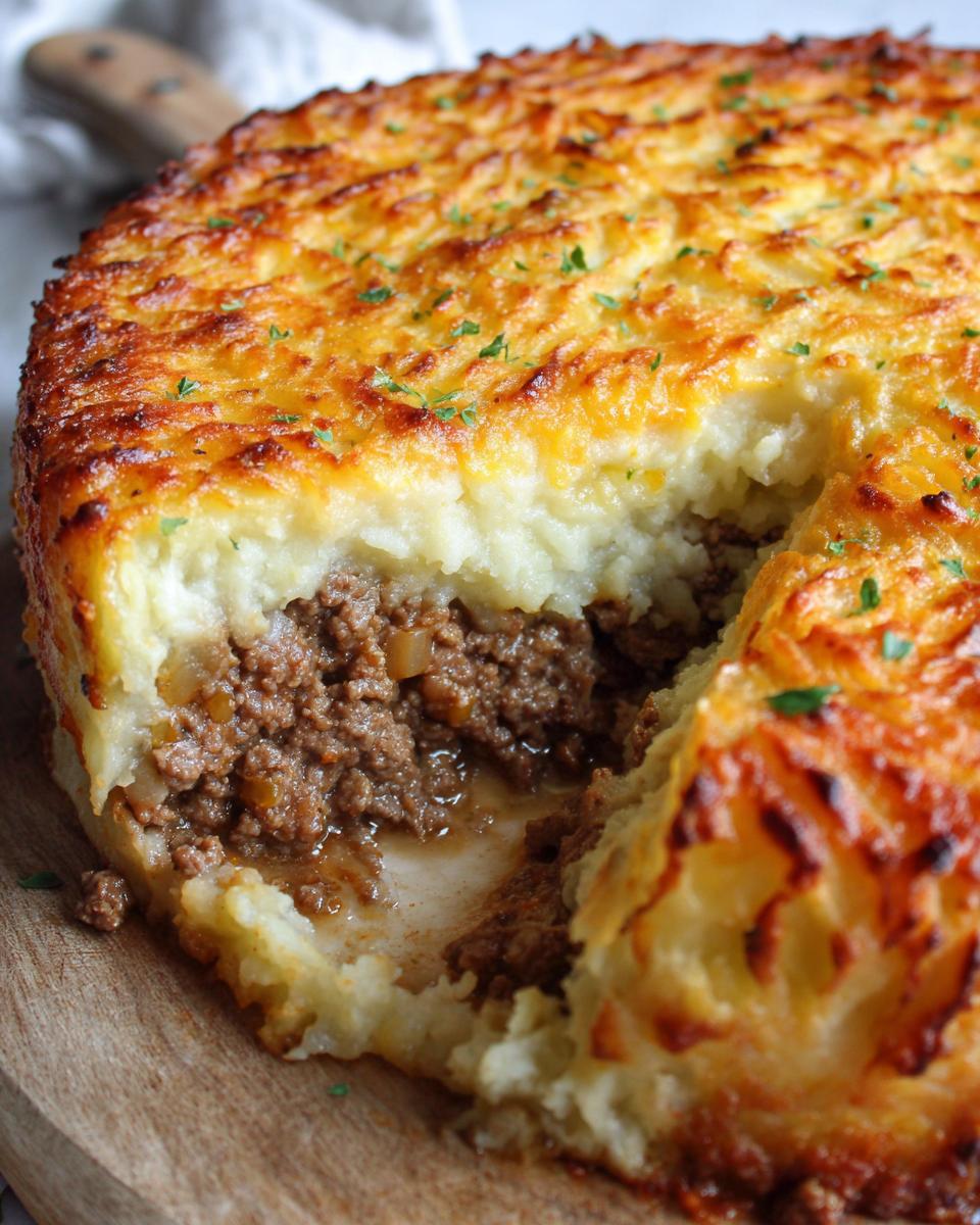 A close-up of a freshly baked cottage pie recipe with a slice removed, showing the rich beef filling beneath the crispy mashed potato topping.
