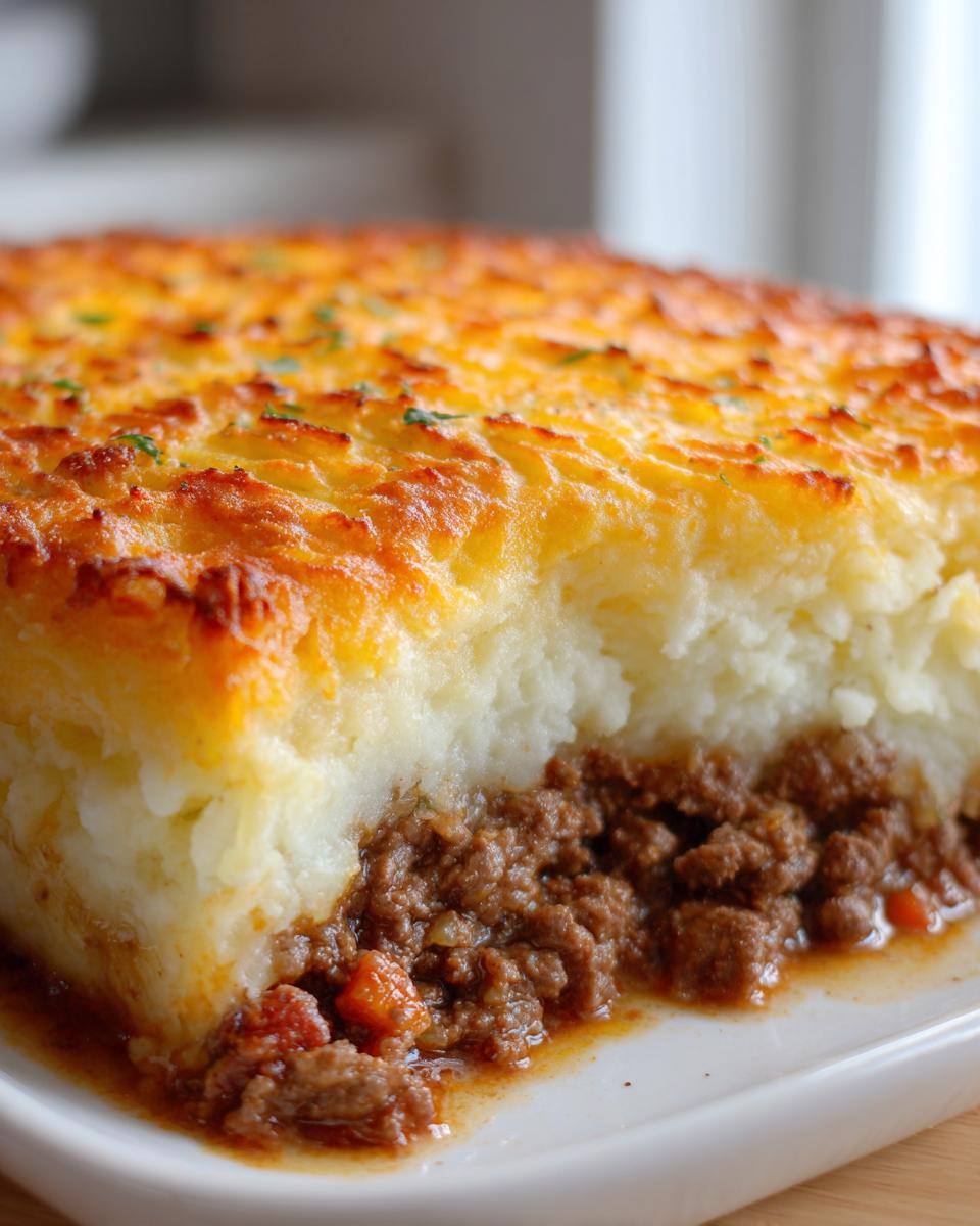 A close-up cross-section of a slice of amazing cottage pie recipe showing rich meat filling and golden mashed potato topping.