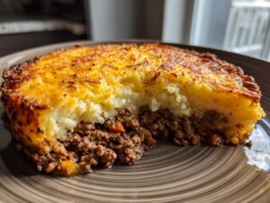 A close-up of a hearty slice of cottage pie recipe showing a rich beef filling under a golden, crispy mashed potato topping.