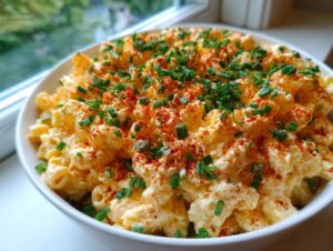 A close-up of amazing deviled egg pasta salad, creamy and topped with paprika and fresh chives.