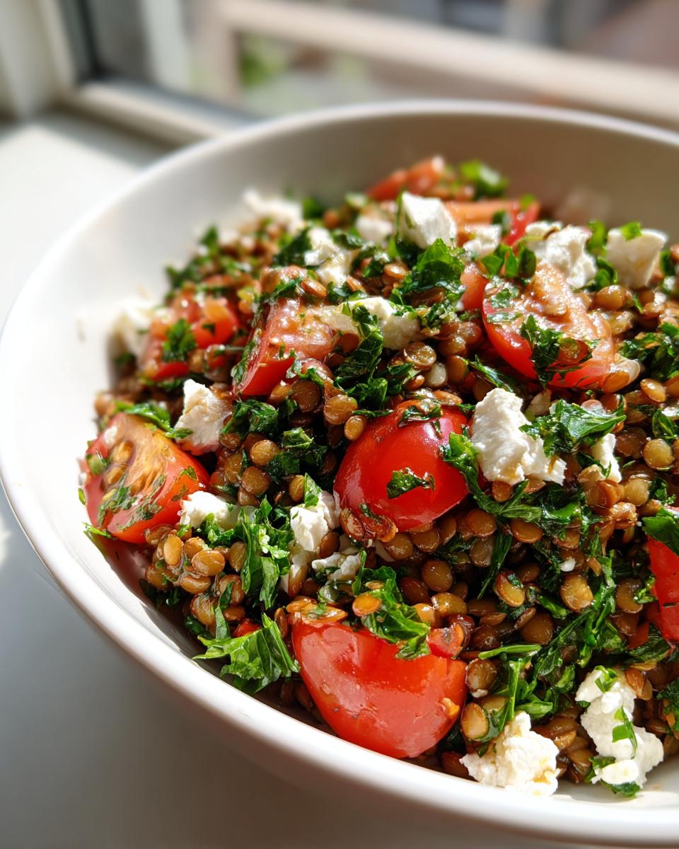 Close-up of a vibrant lentil salad featuring brown lentils, halved cherry tomatoes, fresh parsley, and crumbled white cheese.