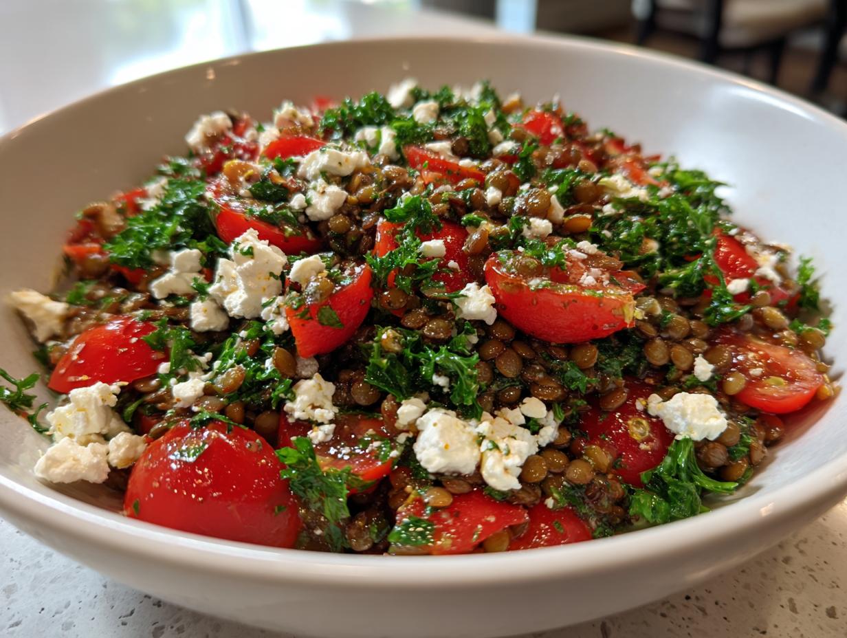 A close-up of an amazing lentil salad featuring brown lentils, halved cherry tomatoes, crumbled feta cheese, and fresh parsley.