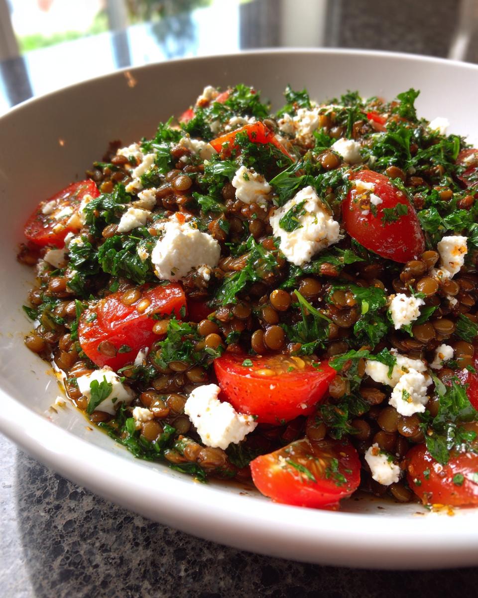A close-up of a delicious lentil salad mixed with halved cherry tomatoes, fresh parsley, and crumbles of feta cheese.