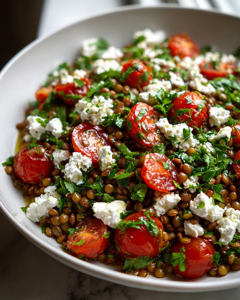 Close-up of a vibrant lentil salad topped with crumbled feta cheese, halved cherry tomatoes, and fresh parsley.