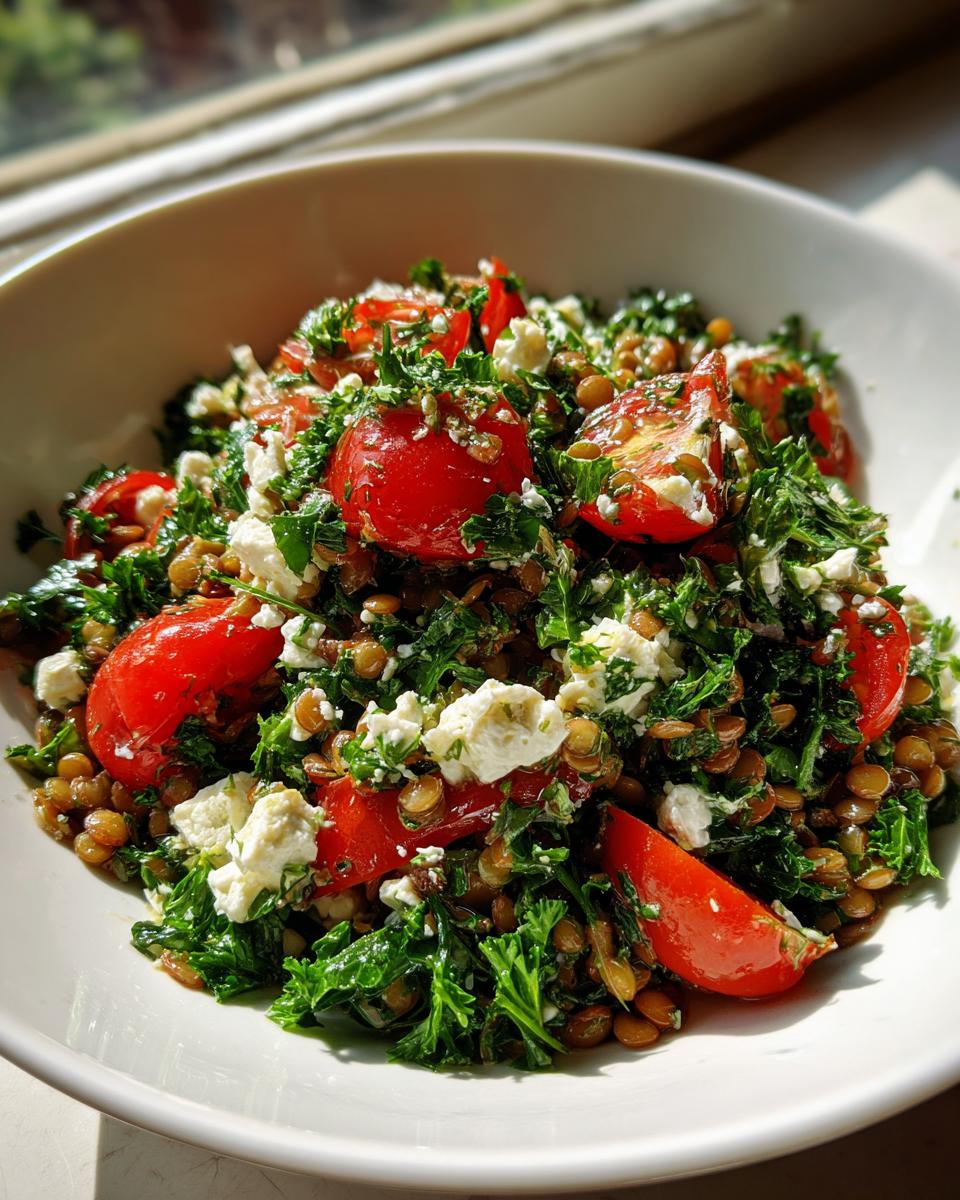 Close-up of a vibrant lentil salad featuring brown lentils, chopped kale, bright red tomatoes, and crumbled white feta cheese.