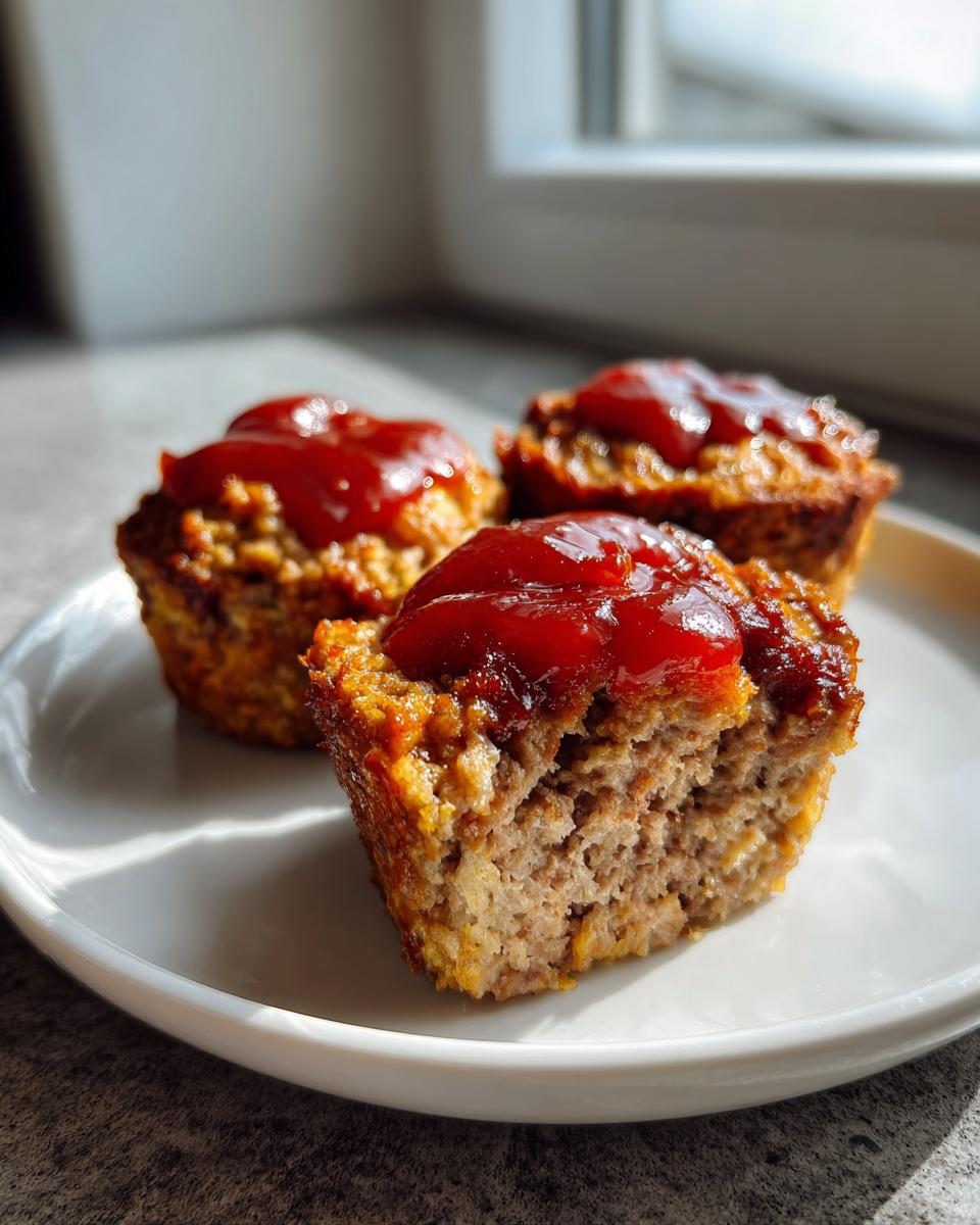 Three perfectly portioned mini meatloaf cups served on a white plate, topped with glossy ketchup glaze.