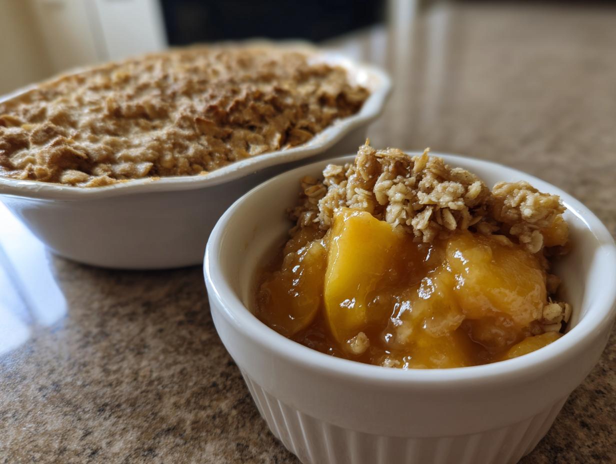 Close-up of a small white ramekin filled with warm, syrupy peaches and topped with crunchy oat crumble from the amazing peach crisp.