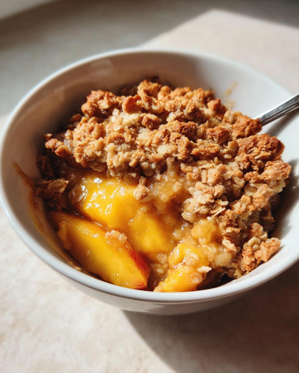 Close-up of a single serving of amazing peach crisp with warm, syrupy peaches and a crunchy oat topping.