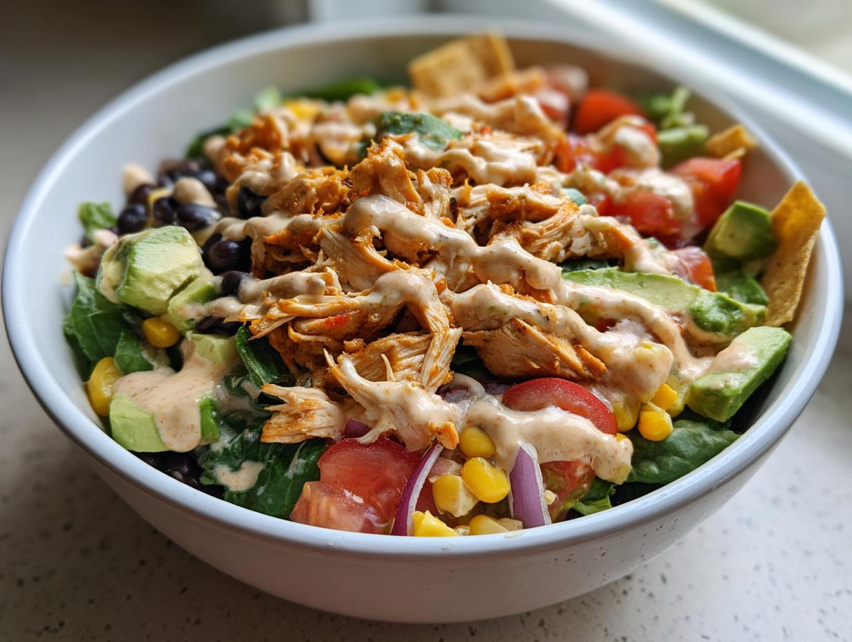 A vibrant bowl of southwest salad topped with shredded seasoned chicken, avocado, black beans, and creamy dressing.