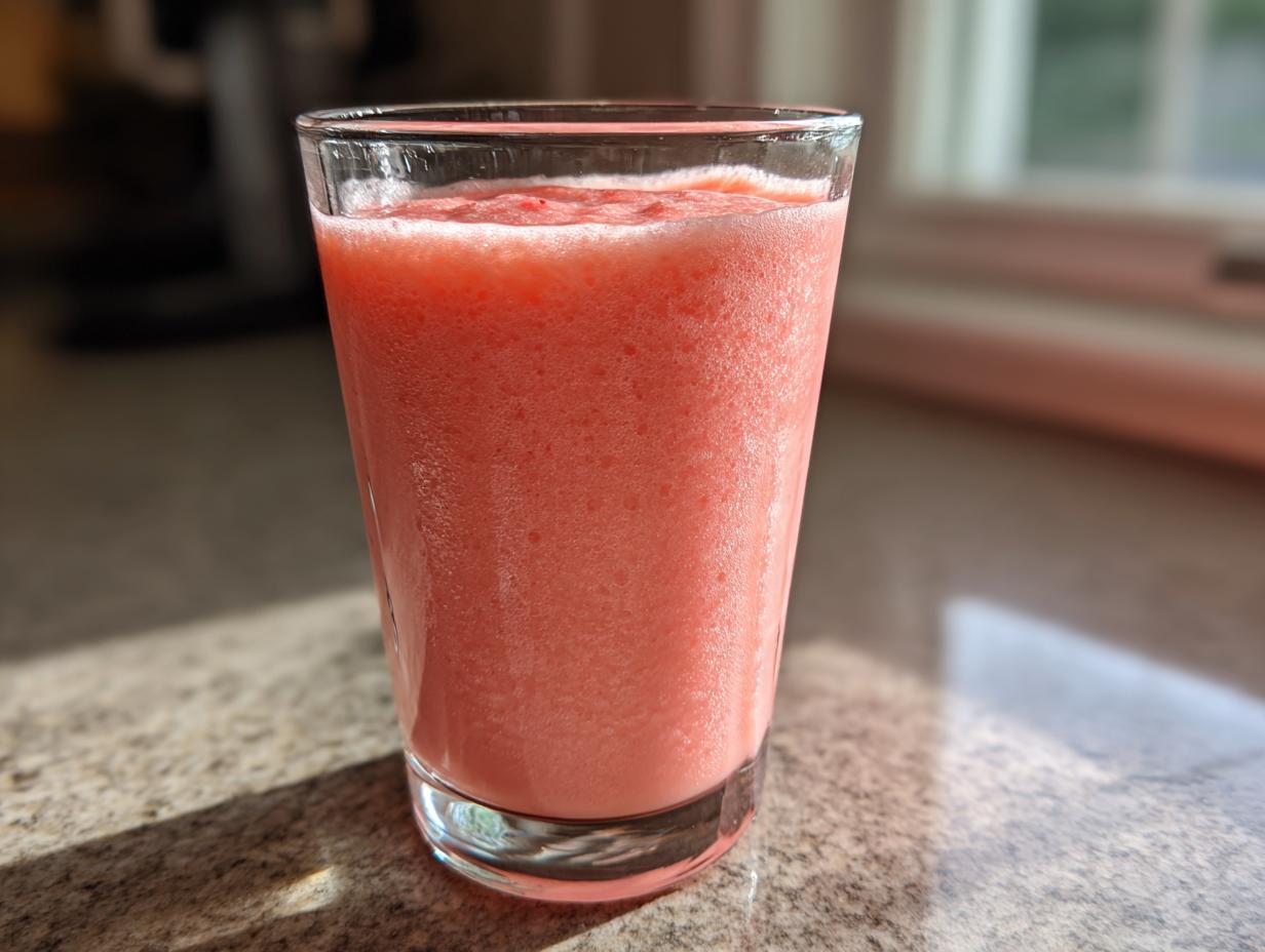 A tall glass filled with a bright pink, frothy watermelon smoothie sitting on a granite countertop in sunlight.