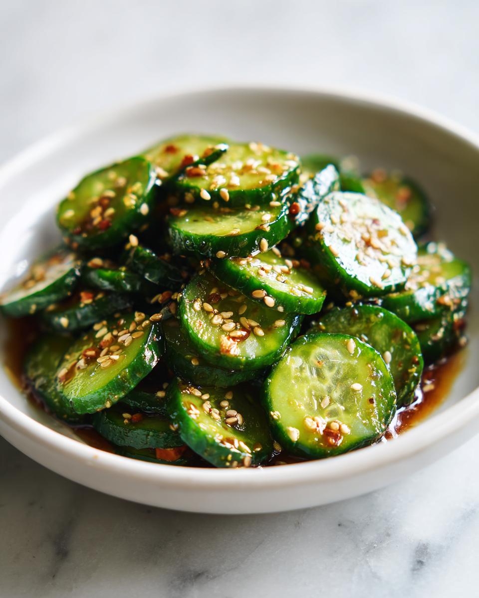 Close-up of vibrant green slices in an Asian cucumber salad, coated in dressing and topped with sesame seeds.