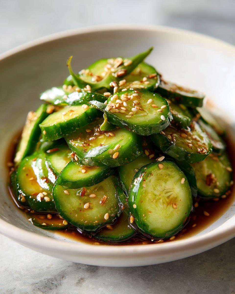 Close-up of sliced cucumbers drenched in savory sauce and topped with sesame seeds in an Asian cucumber salad.